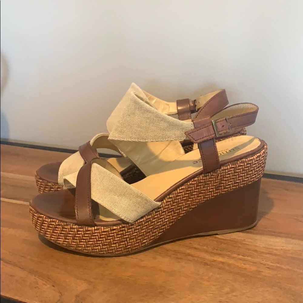 Sundance Brown and Tan Wedge Sandals with Braided Platform